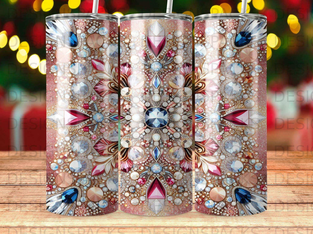 Glittery tumbler with ornate jewel and crystal snowflake design.
