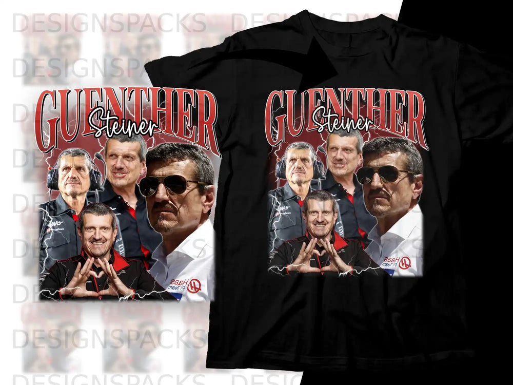 Guenther Steiner collage with racing team logos on black t-shirts.