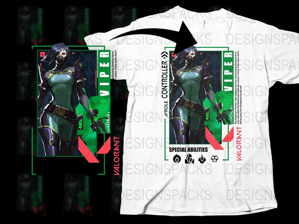 Valorant Viper Character Graphic T-Shirt, Green and White, Gamer Apparel, Unisex Cotton Tee