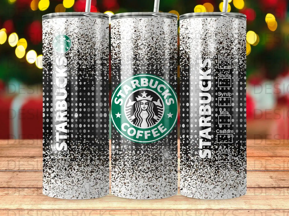 Starbucks tumbler with coffee cup logo, speckled design, and menu options.