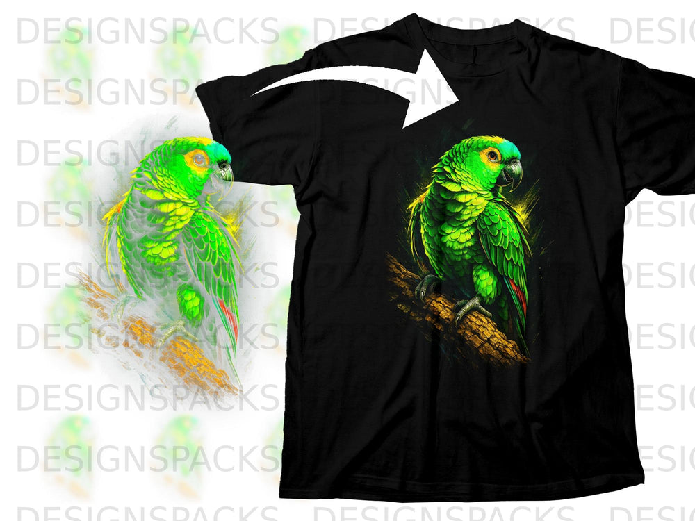 Black t-shirt with a detailed print of a vibrant green parrot on a branch.