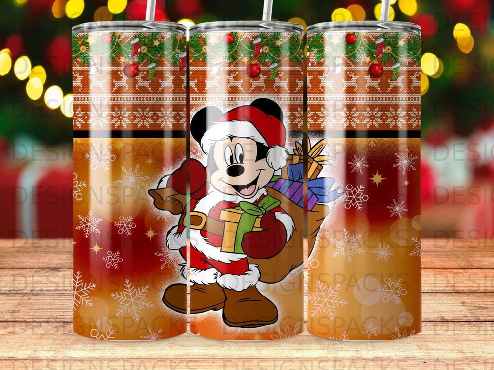 Mickey Mouse in Santa outfit holding gift bag with Christmas pattern.