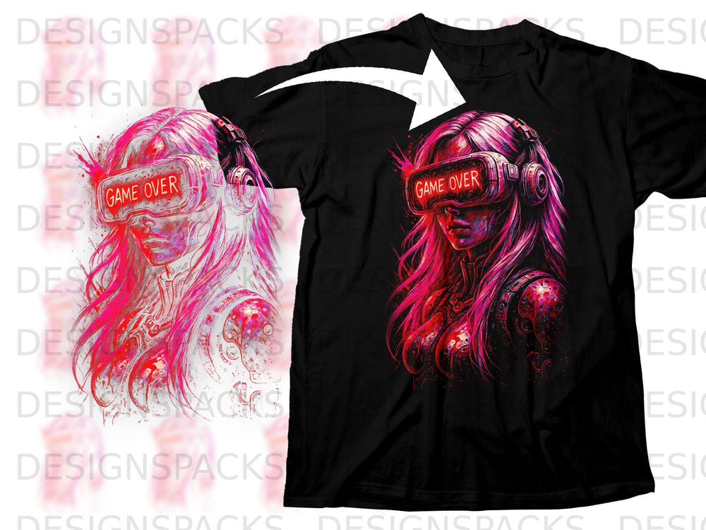 Black t-shirt with neon pink graphic of a cyborg woman wearing VR goggles that say "GAME OVER."