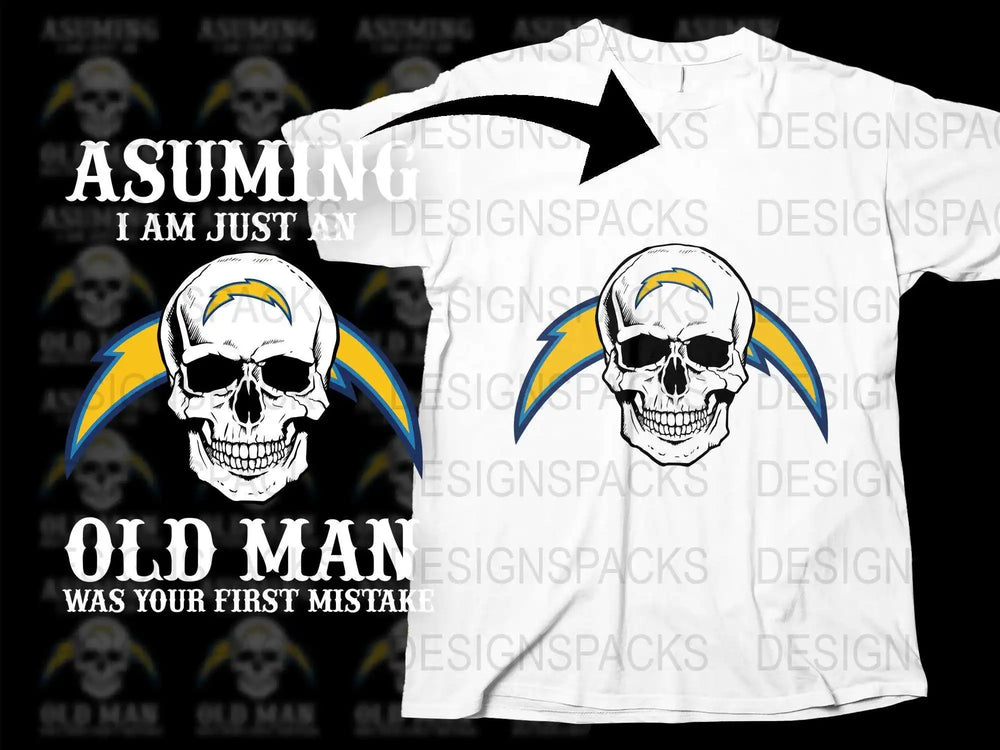 Vintage Skull Lightning Graphic T-Shirt, Cool Old Man Mistake Tee, Bold White Casual Shirt