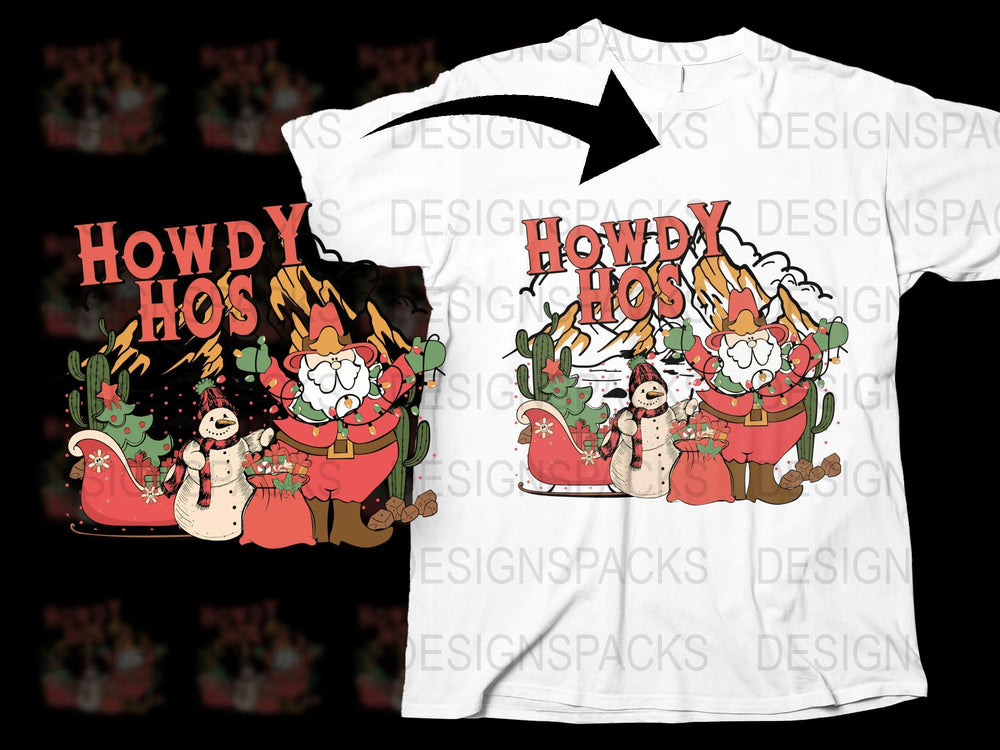 Howdy Hos Festive Christmas T-Shirt, Snowman and Cactus Holiday Tee, Unique Winter Apparel, Unisex Gift Idea
