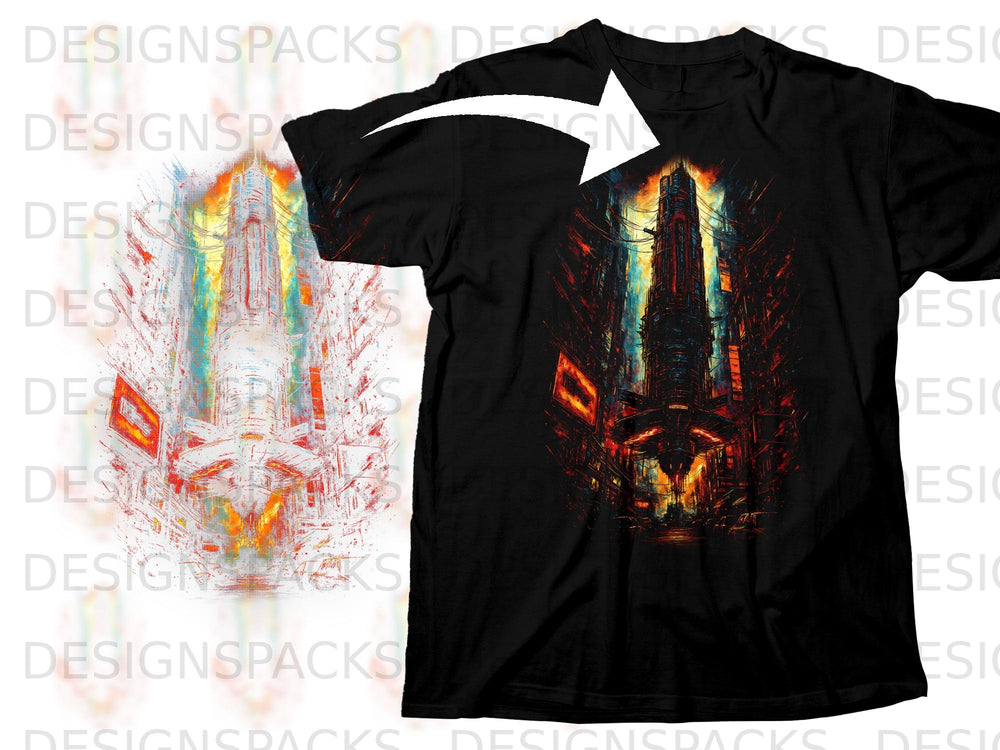 Black t-shirt with a futuristic cityscape graphic featuring a tall tower.