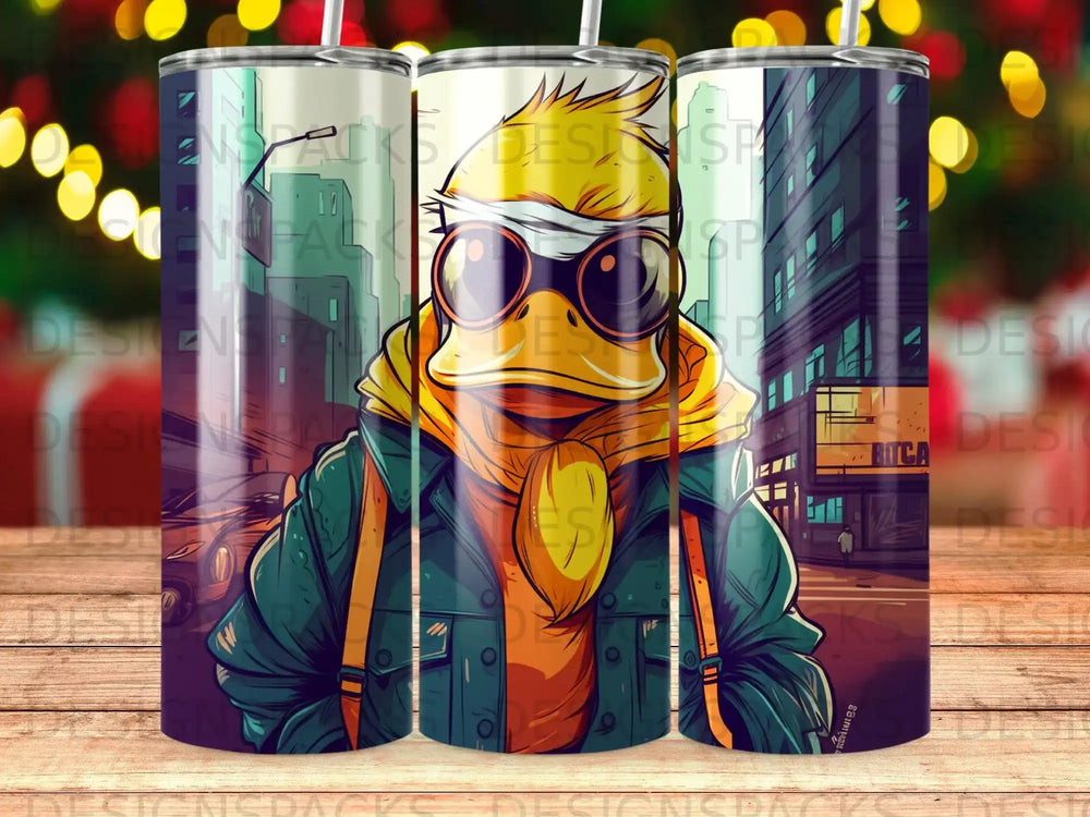 Cartoon duck wearing sunglasses and a jacket on a city street.