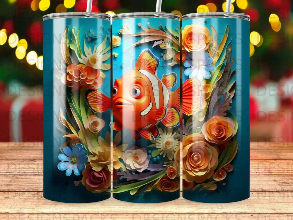 Clownfish among colorful paper flowers and coral on a teal background.