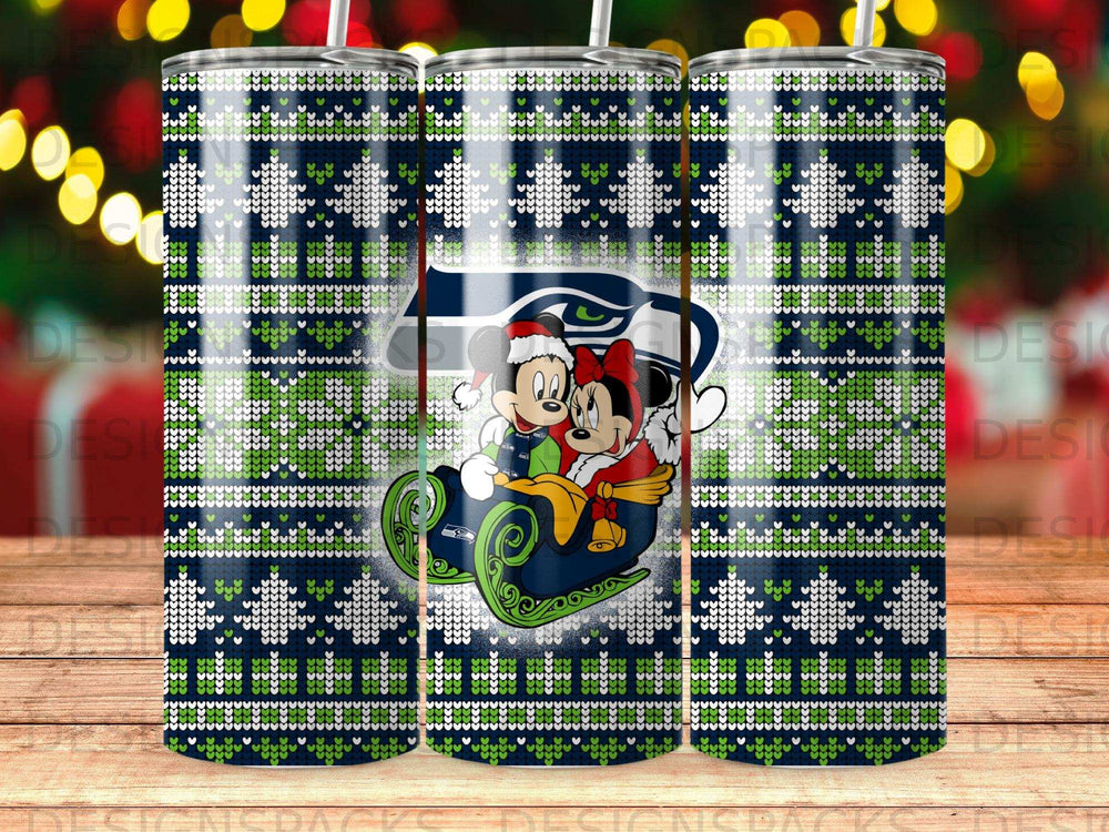 Seahawks and Mickey and Minnie Mouse on a sleigh in festive holiday sweater pattern.