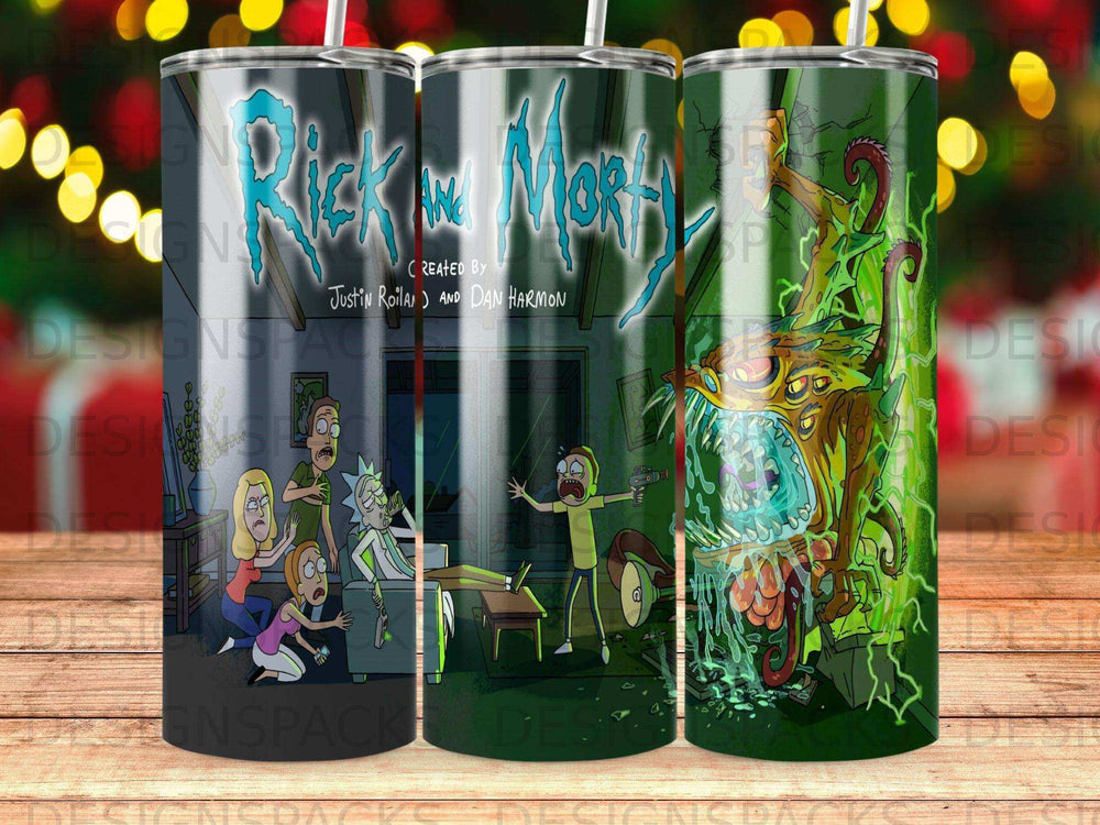 Rick and Morty characters in a living room with a portal and monster.