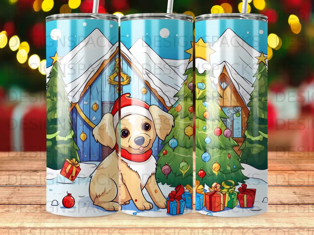 Puppy in Santa hat with gifts and decorated Christmas tree.