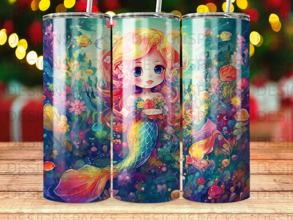 Cute mermaid holding flowers surrounded by colorful underwater plants and fish.