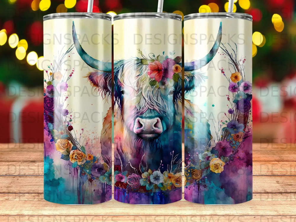 Watercolor highland cow with floral wreath on a tumbler wrap.