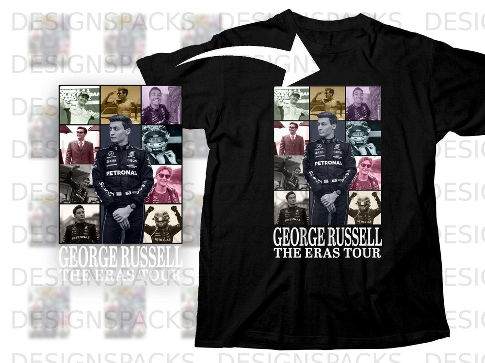 George Russell portrait collage with text "George Russell The Eras Tour".