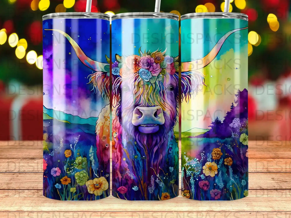 Watercolor highland cow with floral crown and colorful wildflowers, surrounded by blurry lights.