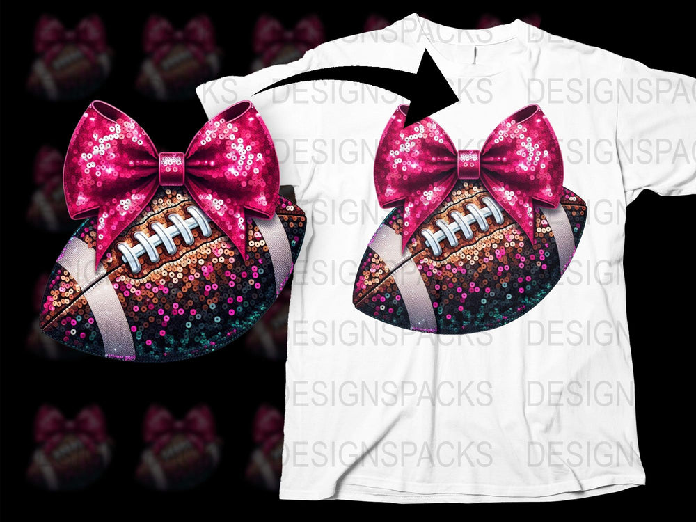 Sparkly Pink Bow Football T-Shirt, Girls Sports Tee, Glitter Game Day Shirt, Cute Kids Football Apparel, Gift for Sports Fans