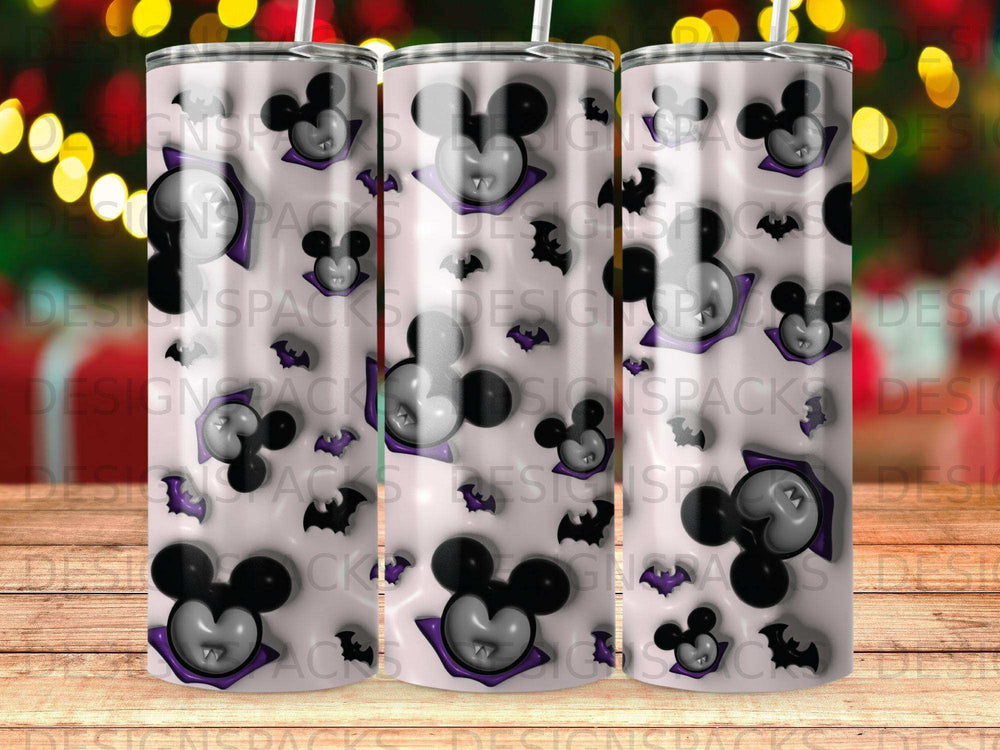 Mickey Mouse Halloween tumbler design with bats and spooky elements.