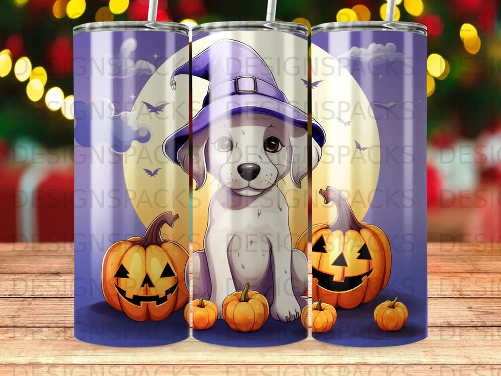 White dog in witch hat with pumpkins and Halloween patterns.
