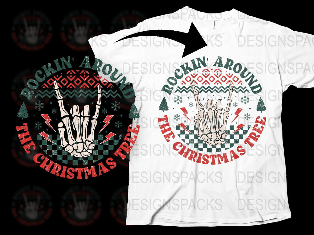 Rockin' Around The Christmas Tree T-Shirt, Festive Holiday Skull Design, Ugly Sweater Style Tee for Christmas Party