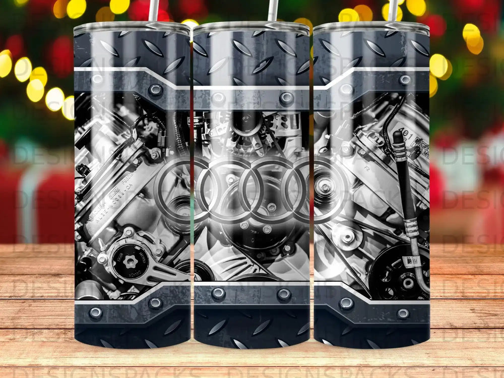 Black and silver tumbler with Audi engine detail and diamond plate design.