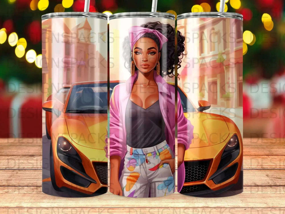 Woman in pink jacket and colorful pants holding a drink on a background of cars.