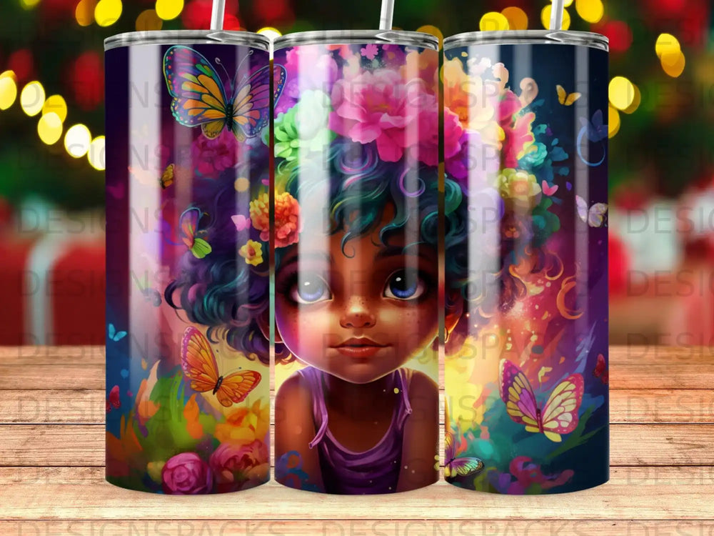 Girl with colorful curly hair and butterflies, on a patterned tumbler.