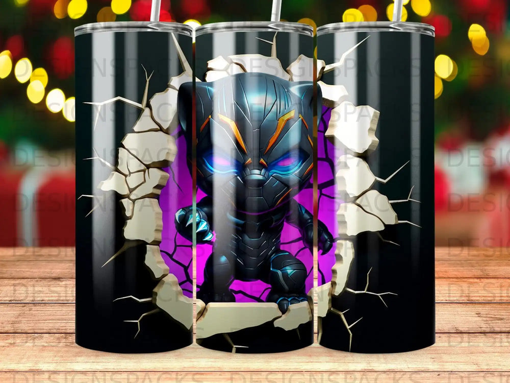 Black Panther mascot breaking through cracked wall, purple lights.