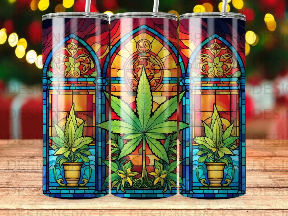 Stained glass window with cannabis leaf motif on a tumbler.