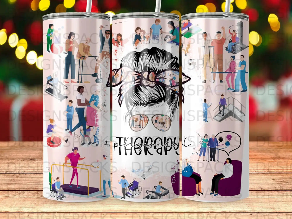Woman with messy bun and glasses on tumbler, surrounded by abstract figures.
