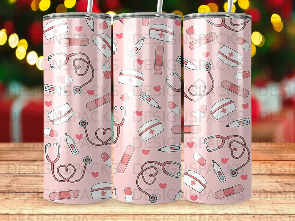 Pink tumbler with medical icons: stethoscope, heart, and bandages.