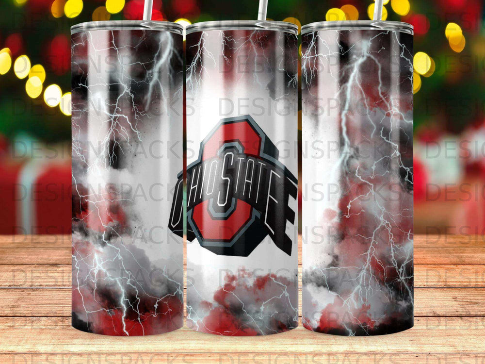 Ohio State Buckeyes logo with lightning and distressed background on tumbler.