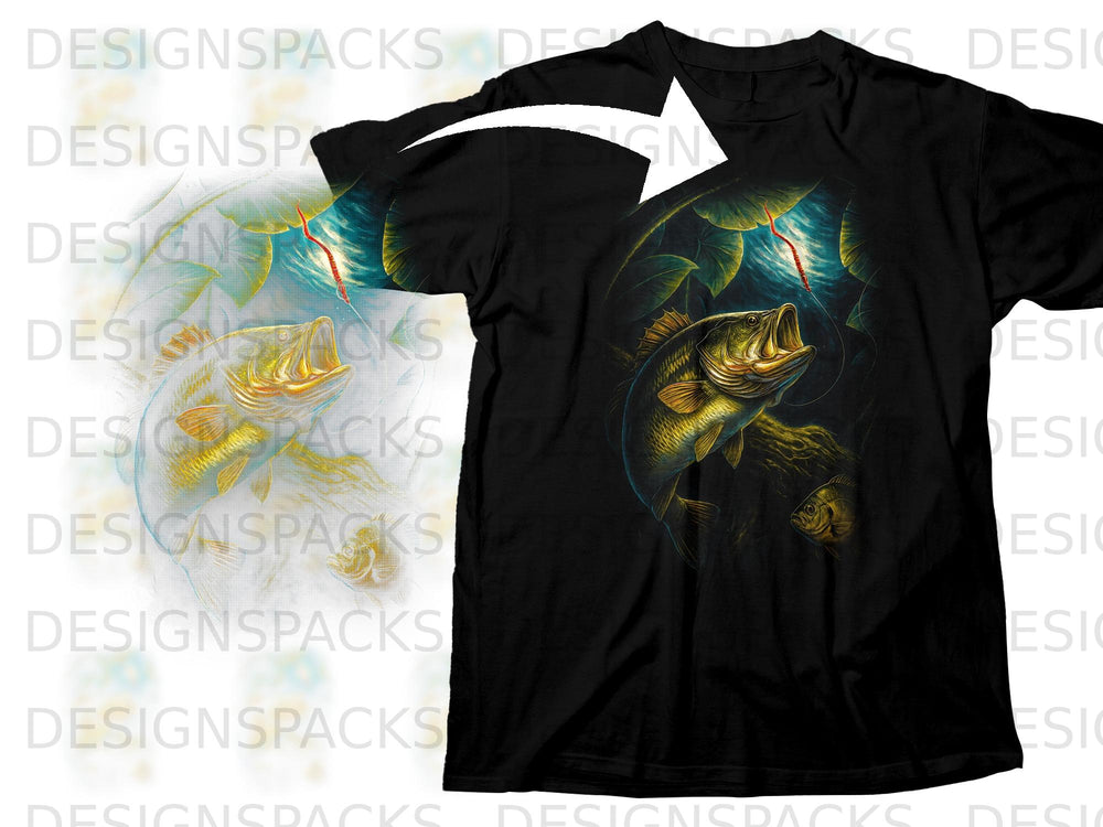 Black t-shirt with a bass fish jumping for a lure in dark water.
