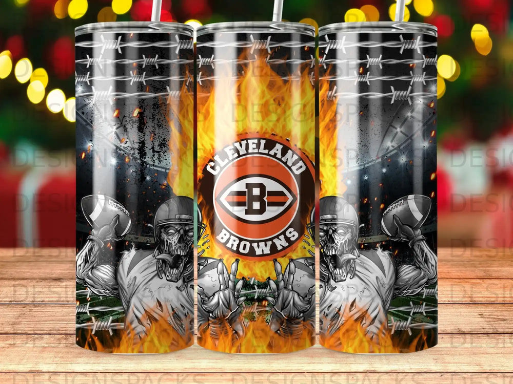 Cleveland Browns skull graphic with flames, barbed wire, and footballs.