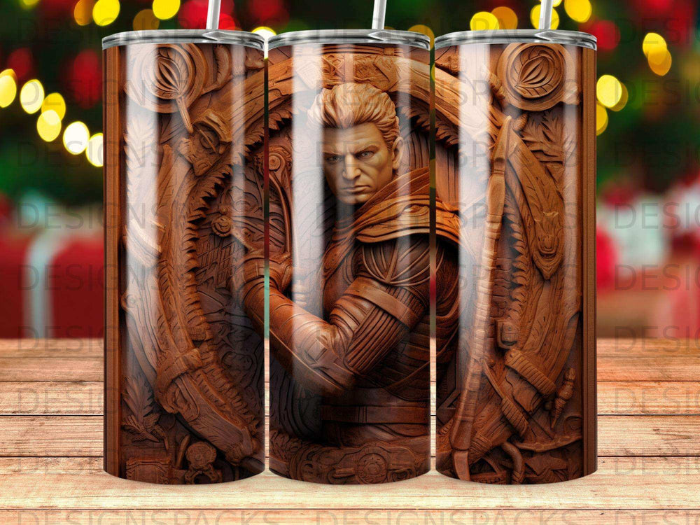 Wood-carved tumbler featuring a stern-faced warrior in ornate armor.