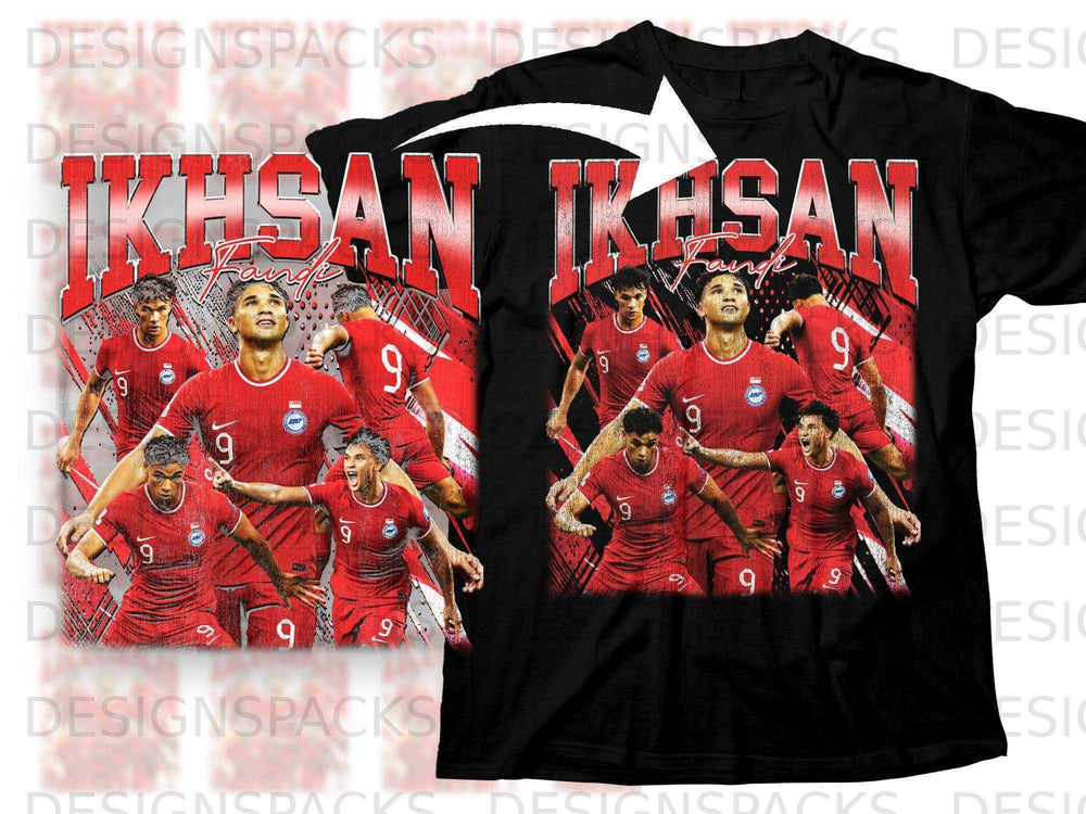 Red t-shirt with graphic of Singaporean footballers in mid-action.