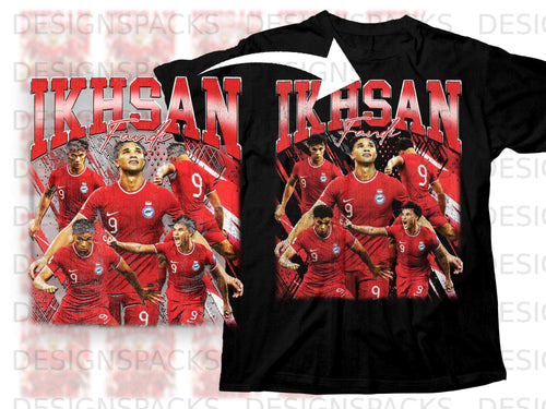 Red t-shirt with graphic of Singaporean footballers in mid-action.
