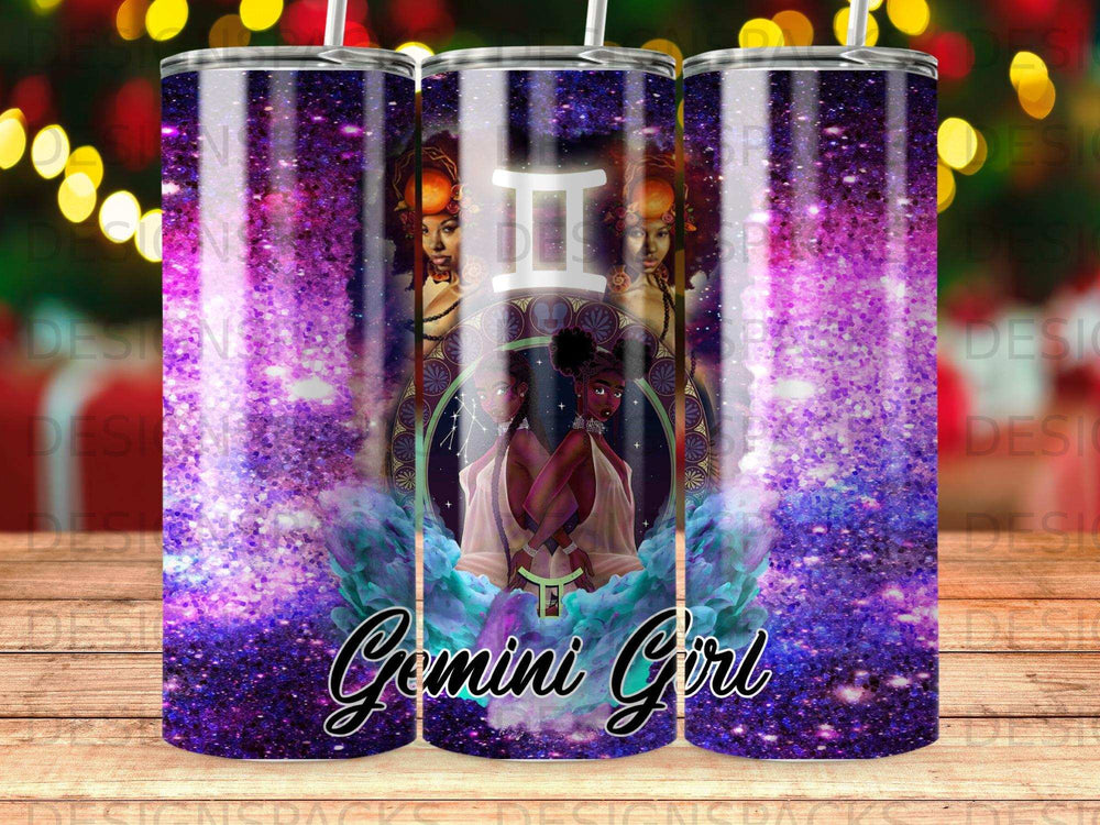 Gemini girl illustration with astrological symbols and purple glitter background.