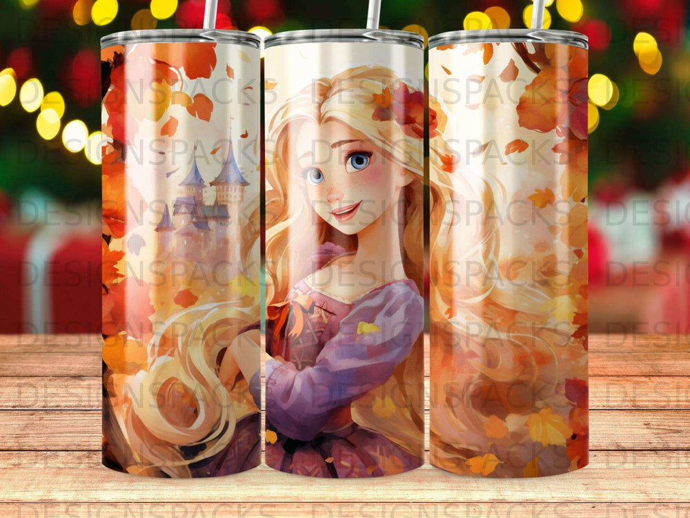 Rapunzel from Tangled surrounded by autumn leaves and sparkling lights.