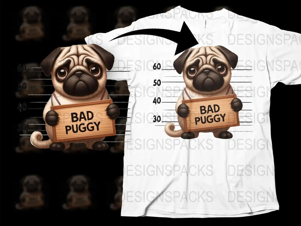 Cute Pug Dog T-Shirt, Funny Bad Puggy Graphic Tee, Unisex Adult Casual Wear, Gift for Dog Lovers
