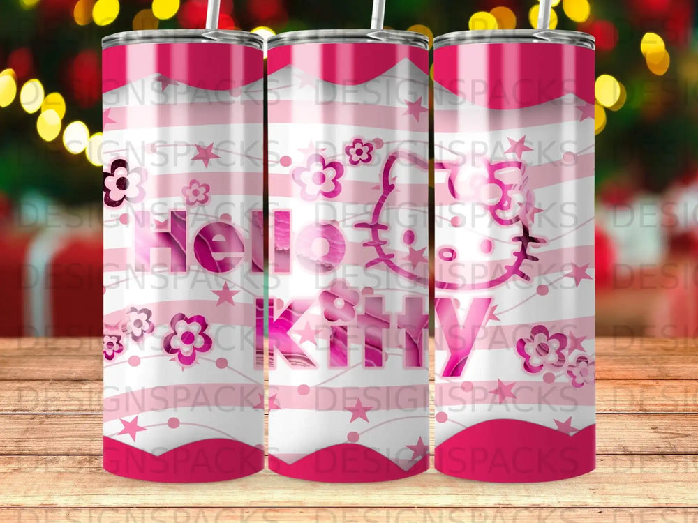 Hello Kitty tumbler with pink and white stripes, flowers, and repeating pattern.