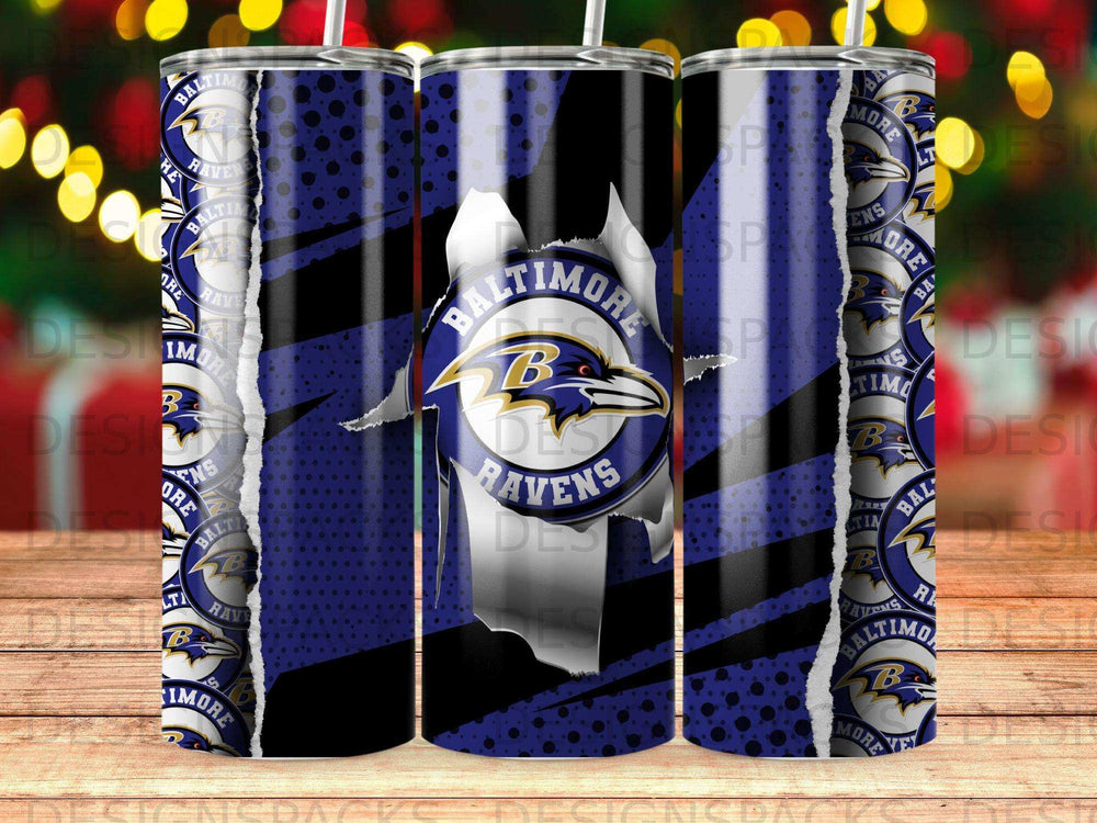 Baltimore Ravens themed tumbler with torn paper effect and team logo.