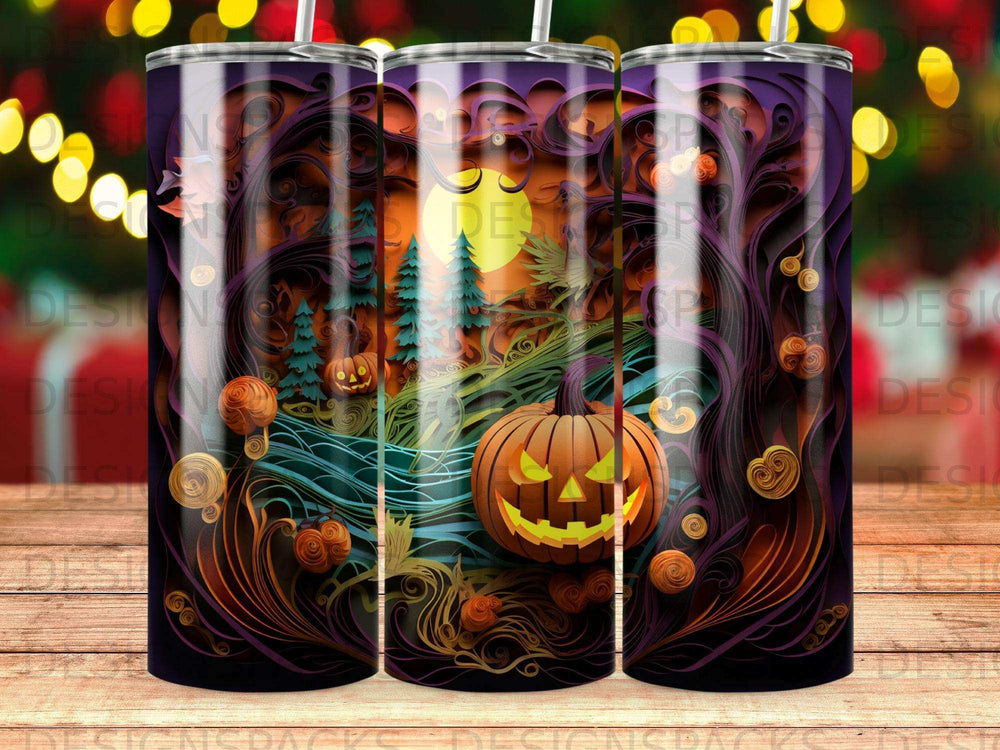 Halloween scene with jack-o'-lantern, trees, and spooky forest elements.