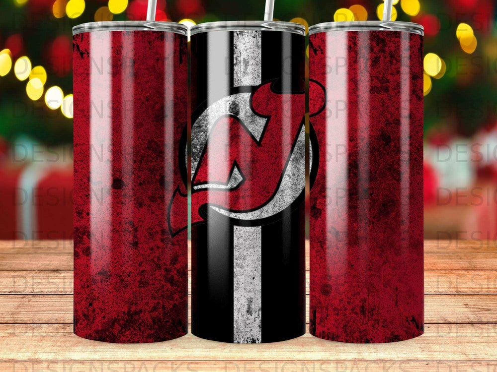 New Jersey Devils logo on distressed red and black tumbler.