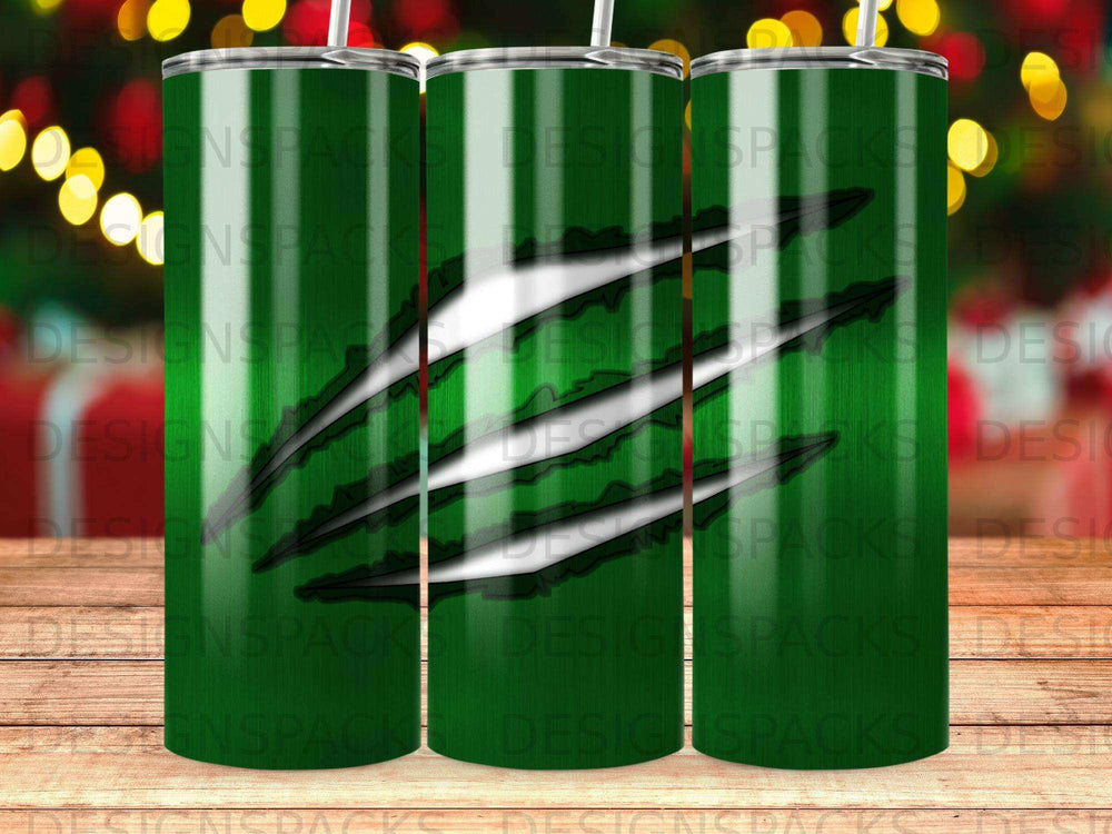Green tumbler with claw marks and "DESIGNSPACK" watermark.