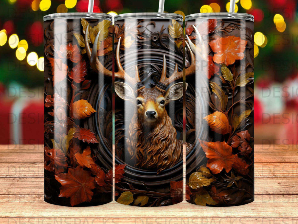 Deer head with autumn leaves, dark wood frame, on a tumbler.