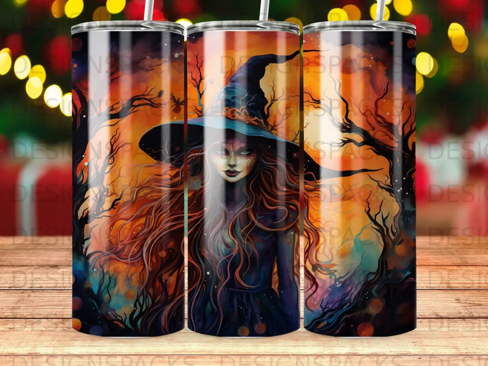 Witch in a dark, spooky forest with an orange and yellow glow.