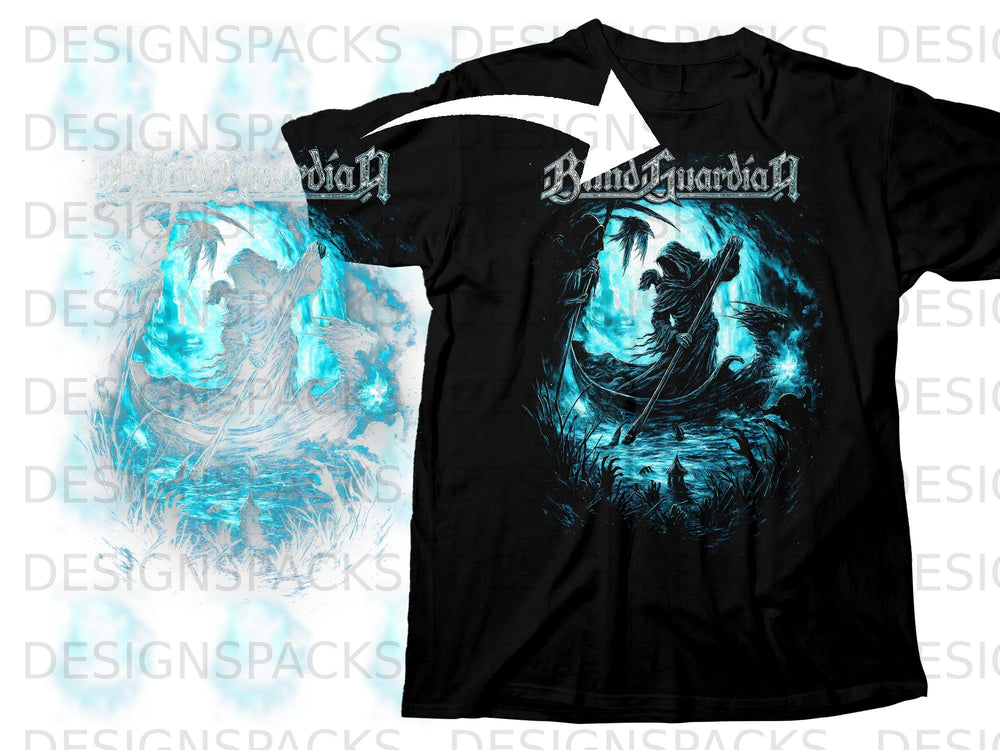 Black t-shirt with "Band Guardian" logo and Grim Reaper graphic in blue and black.