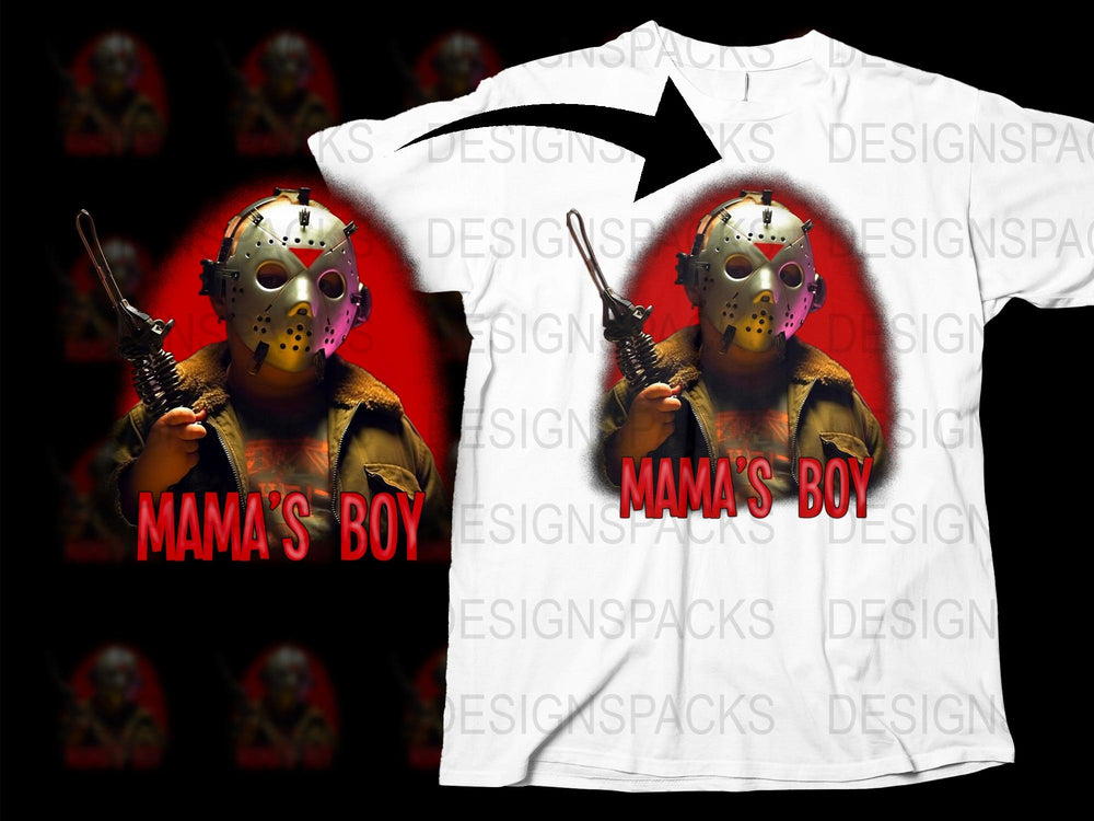 Mama's Boy Horror Movie T-Shirt, Jason Inspired Mask Design, Unisex Horror Fan Apparel, Gift for Horror Lovers