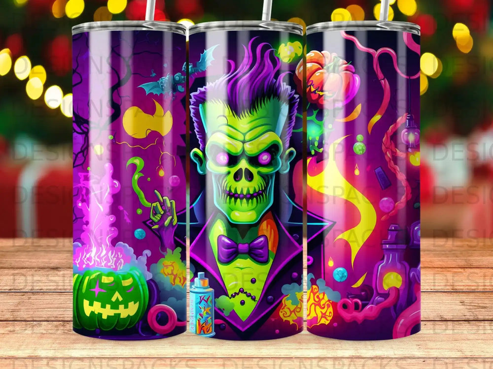 Green monster with purple hair and bowtie, Halloween theme tumbler design.