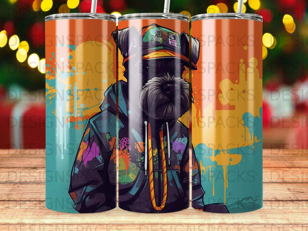 Black schnauzer dog wearing a hoodie and hat, featured on a tumbler.